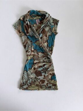 Vintage Sweet Pea Y2K Mesh Paisley Print Cowl Neck T